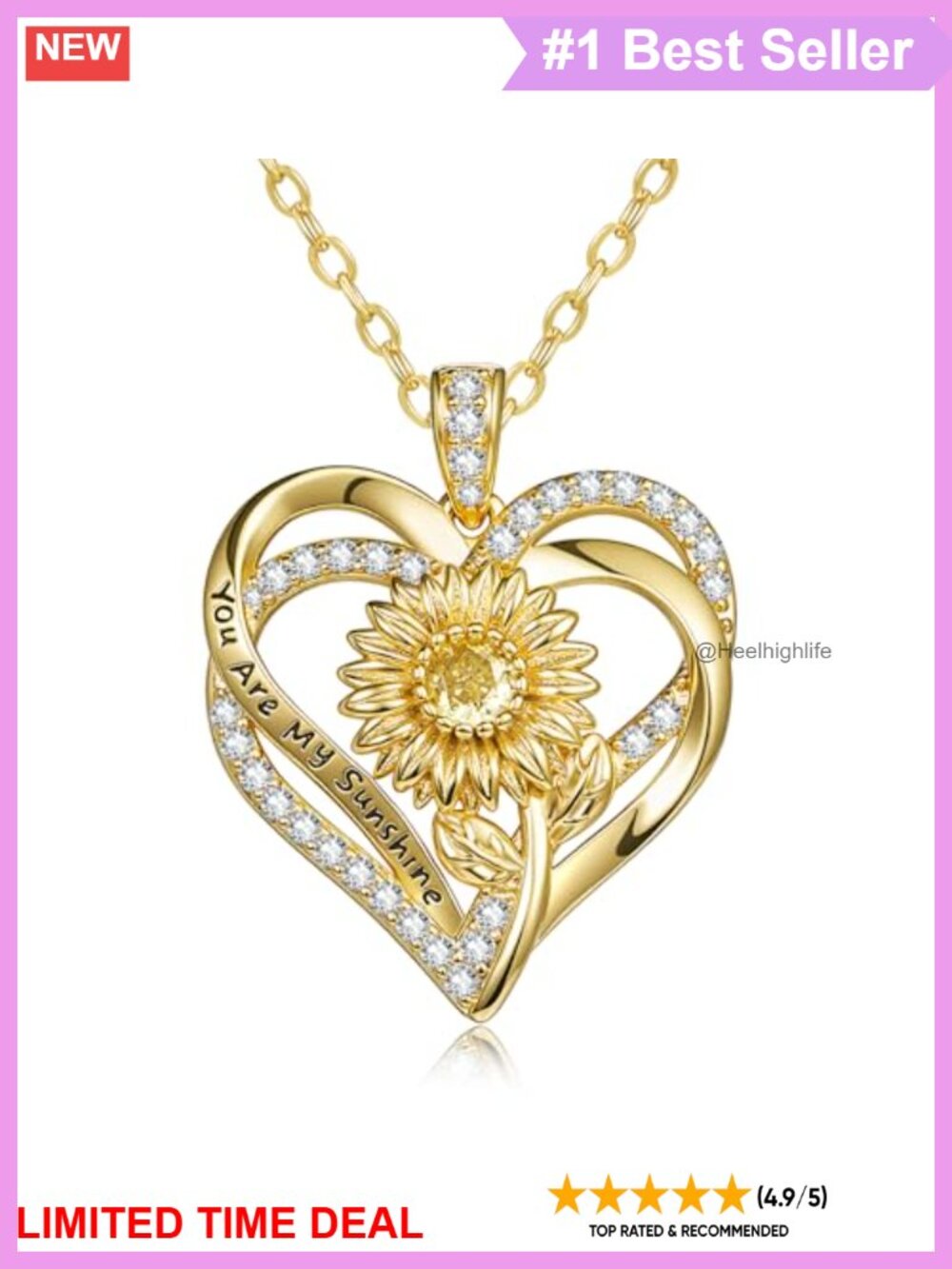 14K Gold Heart Pendant Necklace Sunflower "You Are My Sunshine" Gift for Women
